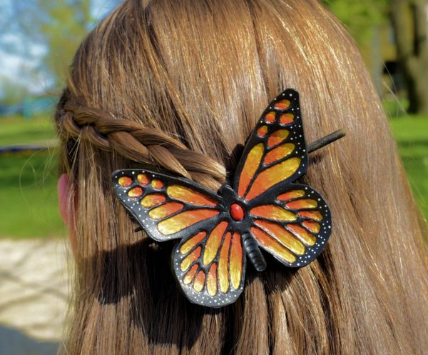 Czerwony motyl Monarcha - skórzana spinka do włosów i/lub bransoleta